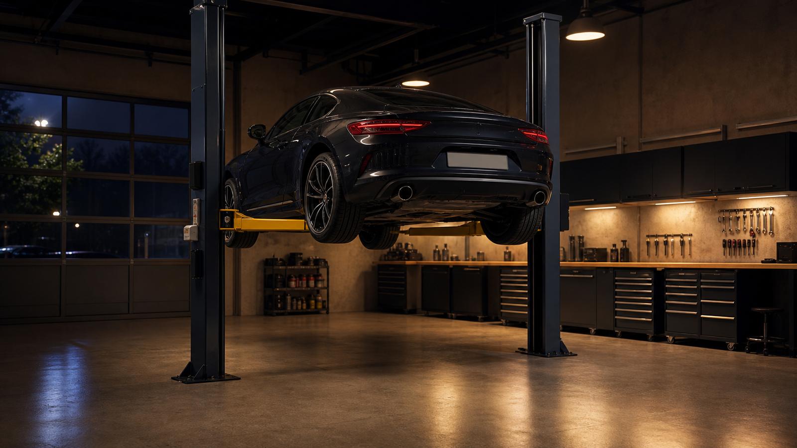 Werkstatthalle der Garage Rietmatt am Abend, ein dunkles Auto auf der Hebebühne