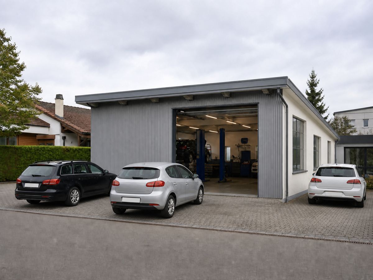 Aussenansicht der Werkstatt an der Neuwiesenstrasse mit offenem Tor und Kundenparkplätzen